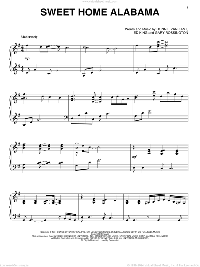 Sweet Home Alabama, (intermediate) sheet music for piano solo by Lynyrd Skynyrd, Alabama, Edward King, Gary Rossington and Ronnie Van Zant, intermediate skill level