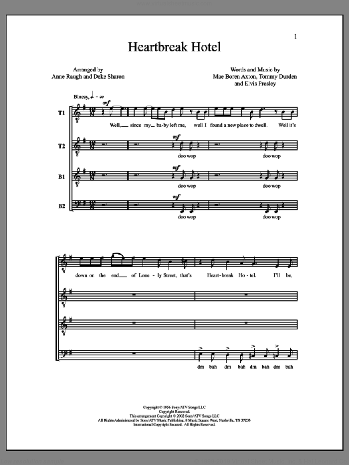 Heartbreak Hotel sheet music for choir (TTBB: tenor, bass) by Deke Sharon, Anne Raugh, Elvis Presley, Mae Boren Axton and Tommy Durden, intermediate skill level