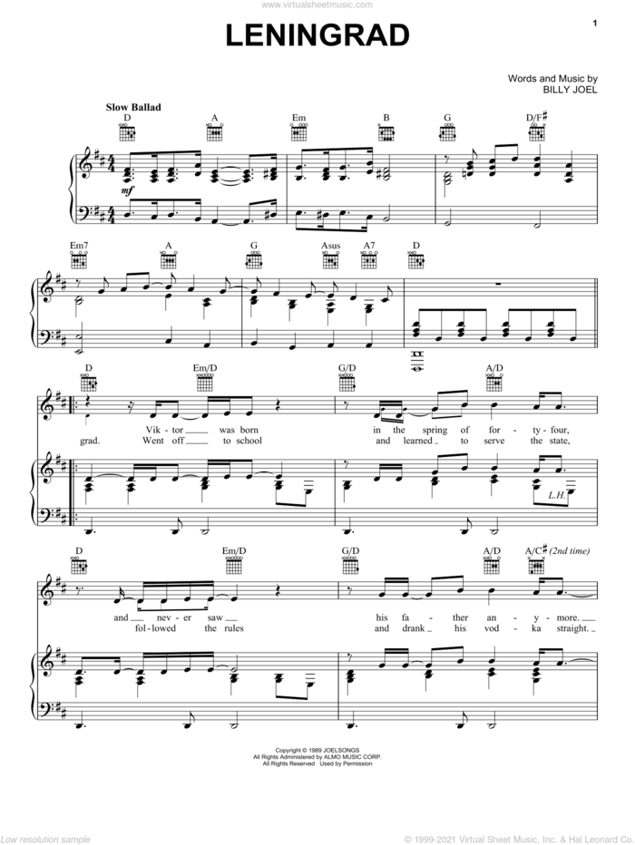 Leningrad sheet music for voice, piano or guitar by Billy Joel, intermediate skill level