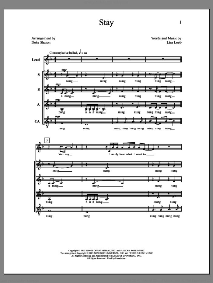 Stay sheet music for choir (SSAA: soprano, alto) by Deke Sharon, Anne Raugh, Lisa Leob and Lisa Loeb, intermediate skill level