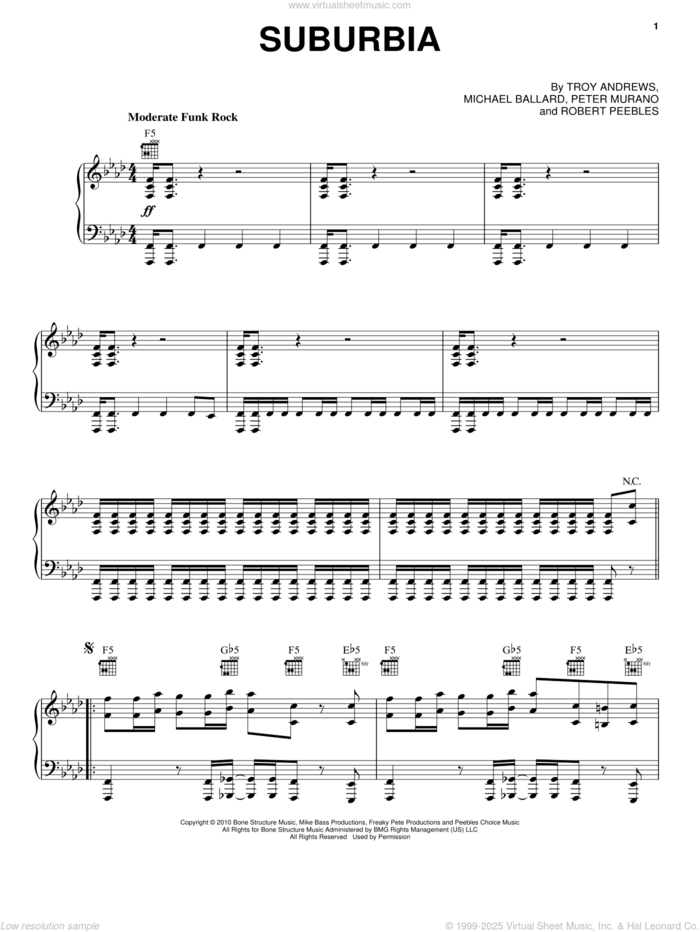 Suburbia sheet music for voice, piano or guitar by Trombone Shorty, Michael Ballard, Peter Murano, Robert Peebles and Troy Andrews, intermediate skill level