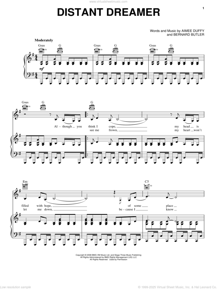 Distant Dreamer sheet music for voice, piano or guitar by Duffy, Aimee Duffy and Bernard Butler, intermediate skill level