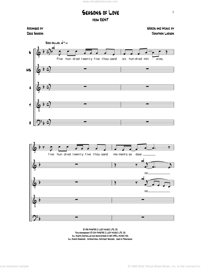 Seasons of Love (arr. Deke Sharon) sheet music for choir (SSATB) by Deke Sharon, Anne Raugh and Jonathon Larson, intermediate skill level