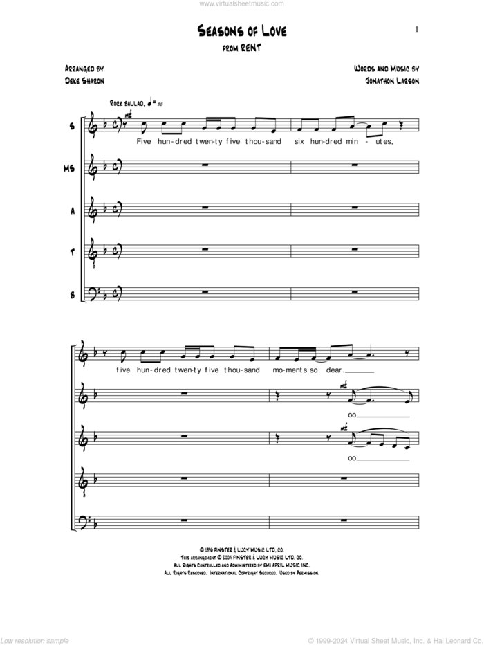 Seasons of Love (arr. Deke Sharon) sheet music for choir (SSATB) by Deke Sharon, Anne Raugh and Jonathon Larson, intermediate skill level