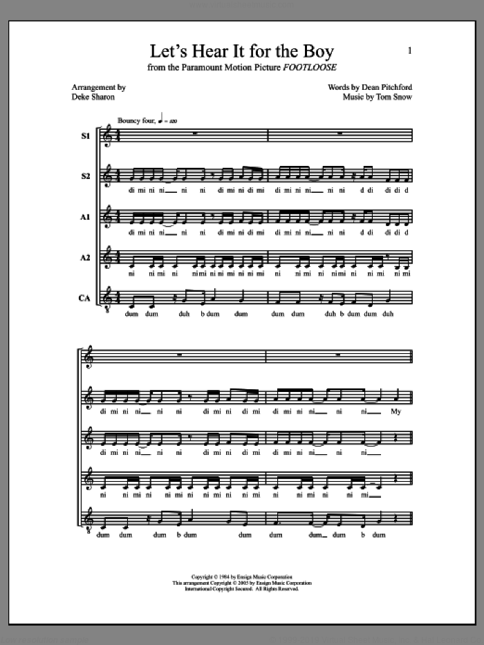 Let's Hear It for the Boy sheet music for choir (SSAAA) by Deke Sharon, Anne Raugh, Dean Pitchford, Deniece Williams and Tom Snow, intermediate skill level