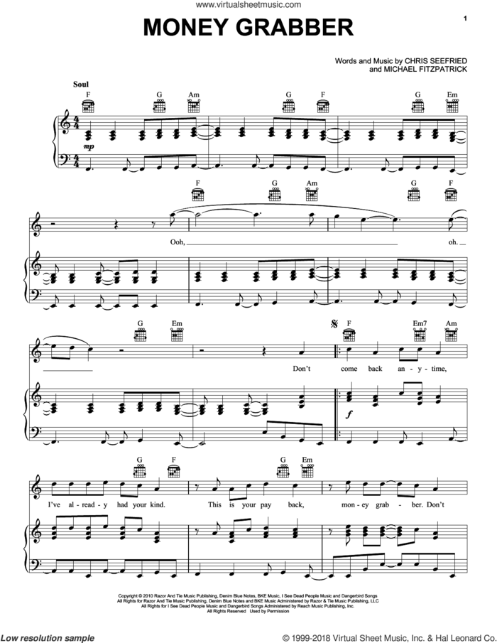 Money Grabber sheet music for voice, piano or guitar by Fitz And The Tantrums, Chris Seefried and Michael Fitzpatrick, intermediate skill level