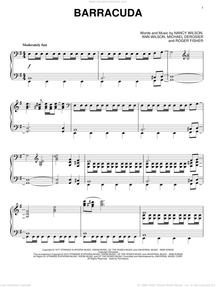Barracuda sheet music for piano solo by Heart, Ann Wilson, Michael Derosier, Nancy Wilson and Roger Fisher, intermediate skill level