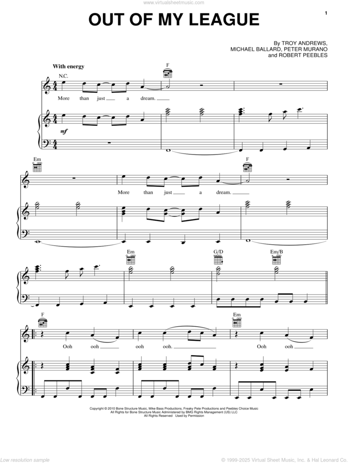 Out Of My League sheet music for voice, piano or guitar by Fitz And The Tantrums, James Midhi King, Jeremy Ruzumna, John Meredith Wicks, Joseph Karnes, Michael Fitzpatrick and Noelle Scaggs, intermediate skill level