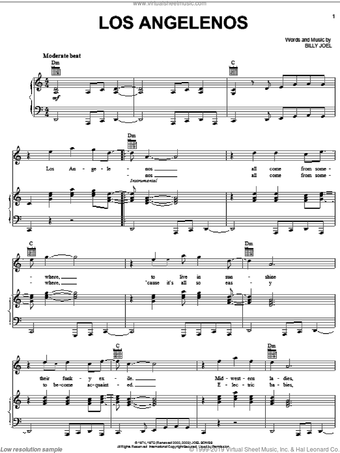 Los Angelenos sheet music for voice, piano or guitar by Billy Joel, intermediate skill level