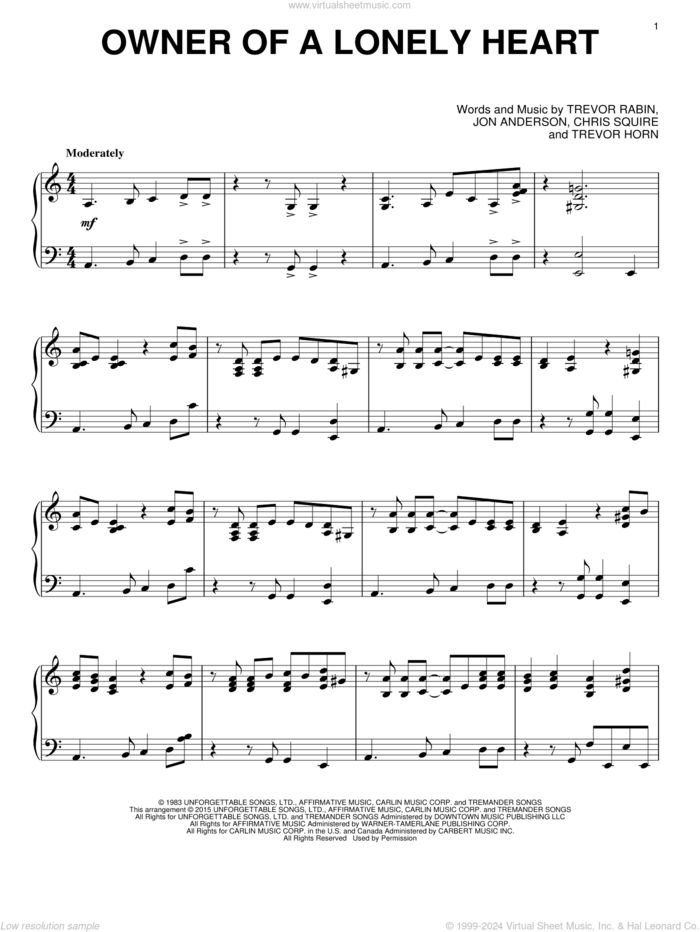 Owner Of A Lonely Heart sheet music for piano solo by Yes, Chris Squire, Jon Anderson, Trevor Horn and Trevor Rabin, intermediate skill level