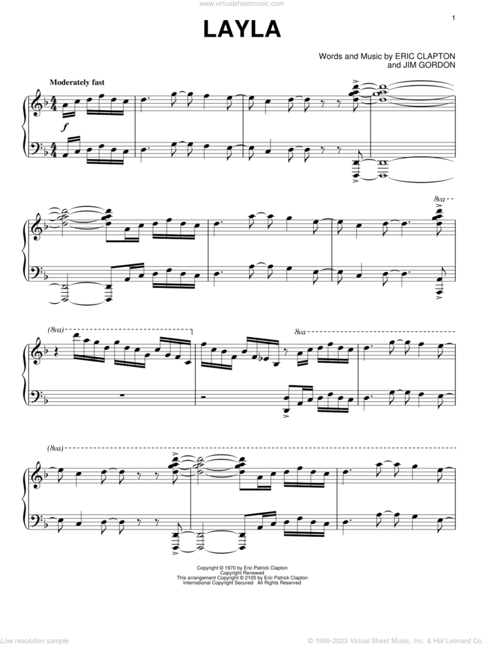 Layla, (intermediate) sheet music for piano solo by Derek And The Dominos, Eric Clapton and Jim Gordon, intermediate skill level