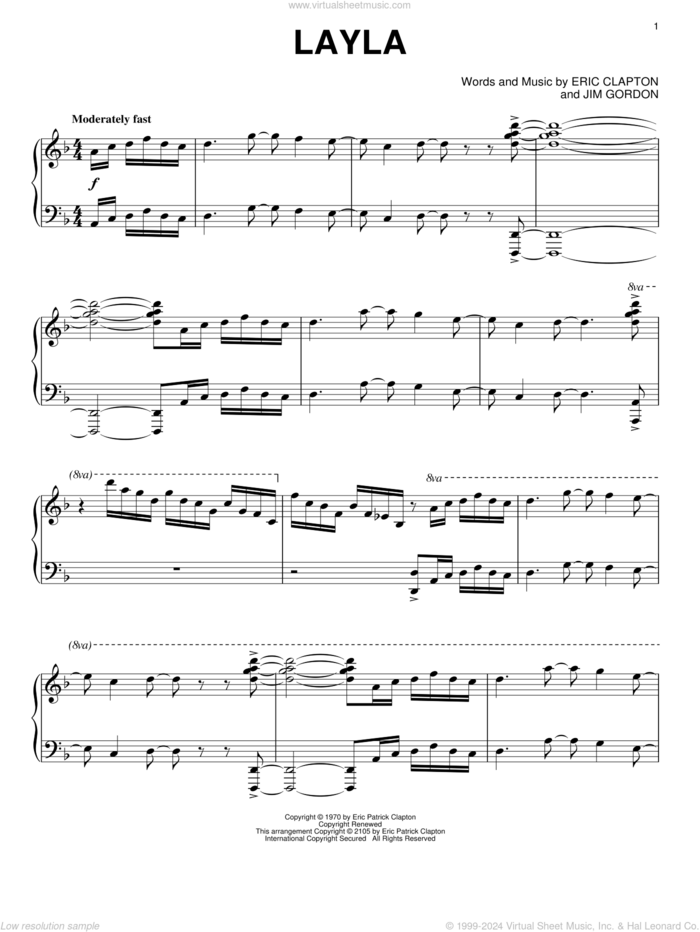 Layla, (intermediate) sheet music for piano solo by Derek And The Dominos, Eric Clapton and Jim Gordon, intermediate skill level