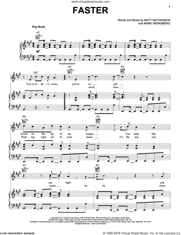 Faster sheet music for voice, piano or guitar by Matt Nathanson and Mark Weinberg, intermediate skill level