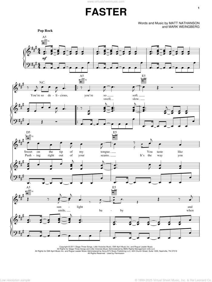 Faster sheet music for voice, piano or guitar by Matt Nathanson and Mark Weinberg, intermediate skill level