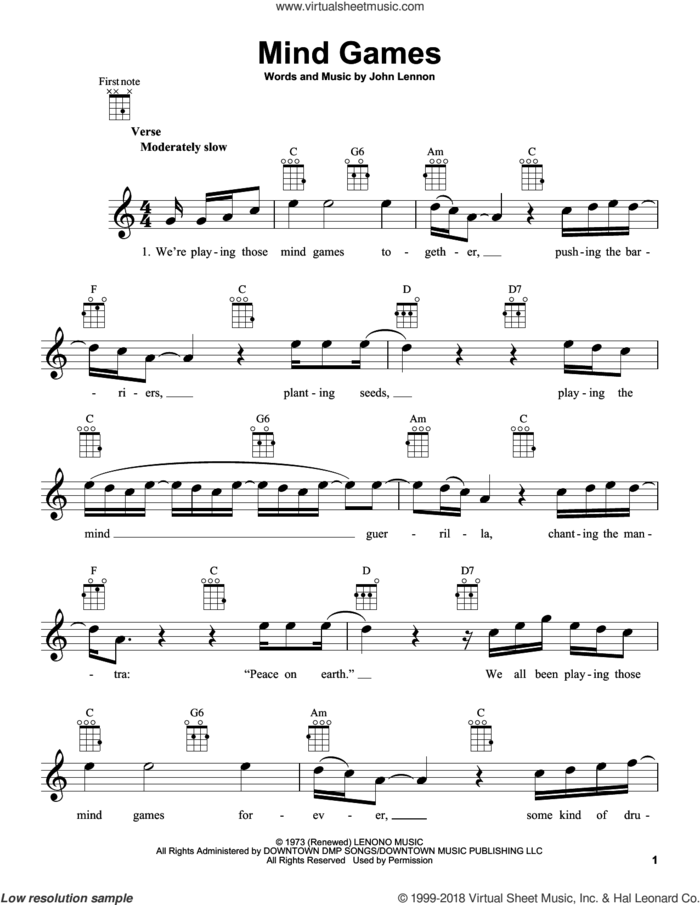 Mind Games sheet music for ukulele by John Lennon, intermediate skill level