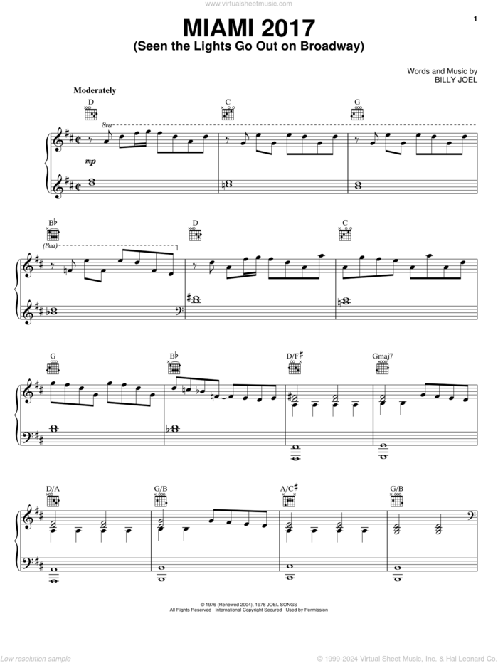 Miami 2017 (Seen The Lights Go Out On Broadway) sheet music for voice, piano or guitar by Billy Joel, intermediate skill level