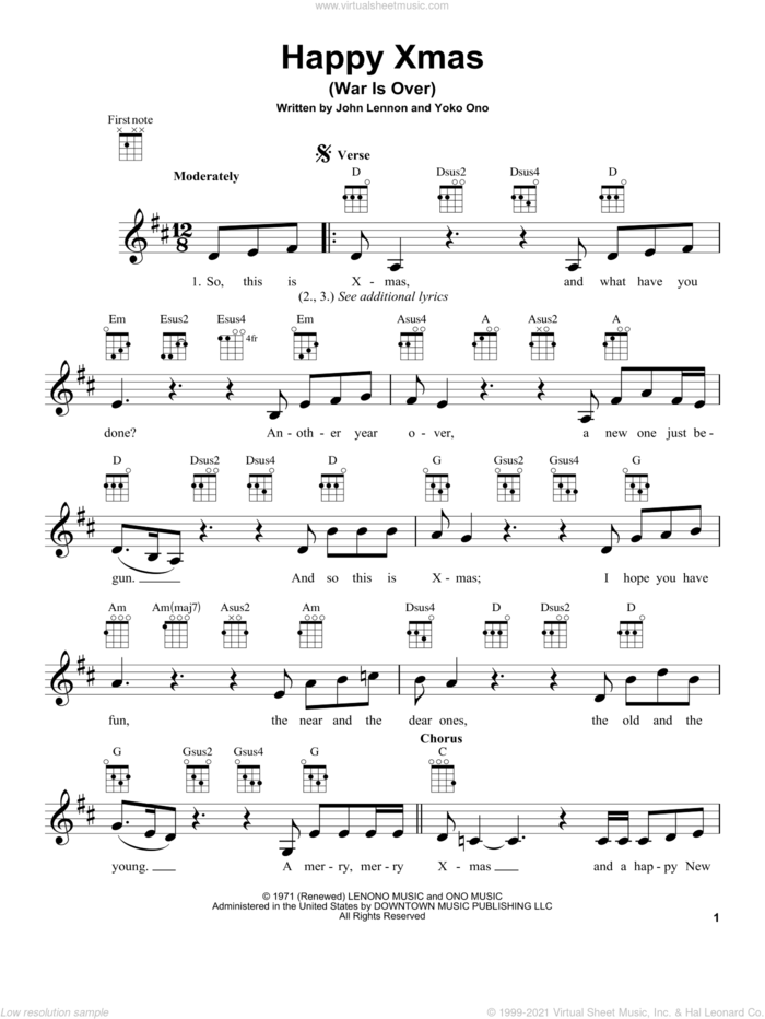 Happy Xmas (War Is Over) sheet music for ukulele by John Lennon, John & Yoko Ono w/Harlem Comm., Sarah McLachlan, The Fray and Yoko Ono, intermediate skill level