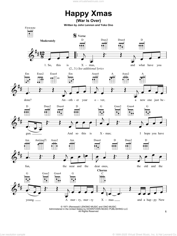 Happy Xmas (War Is Over) sheet music for ukulele by John Lennon, John & Yoko Ono w/Harlem Comm., Sarah McLachlan, The Fray and Yoko Ono, intermediate skill level