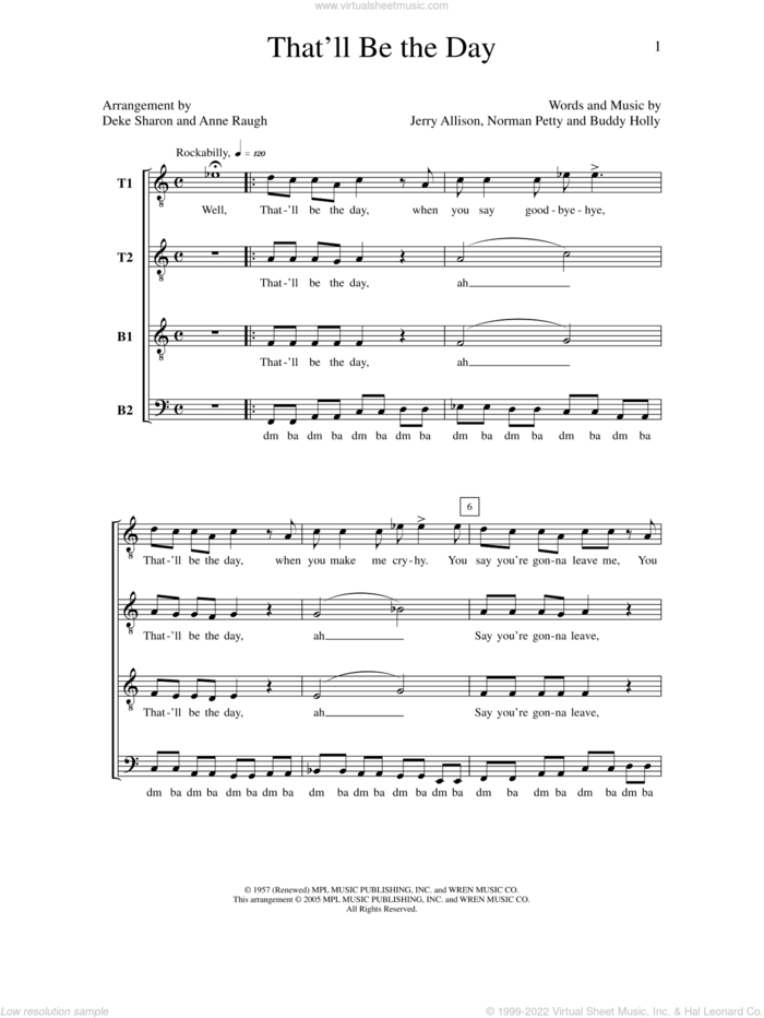 That'll Be The Day sheet music for choir (TTBB: tenor, bass) by Deke Sharon, Anne Raugh, Buddy Holly, Jerry Allison and Norman Petty, intermediate skill level