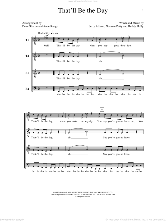 That'll Be The Day sheet music for choir (TTBB: tenor, bass) by Deke Sharon, Anne Raugh, Buddy Holly, Jerry Allison and Norman Petty, intermediate skill level