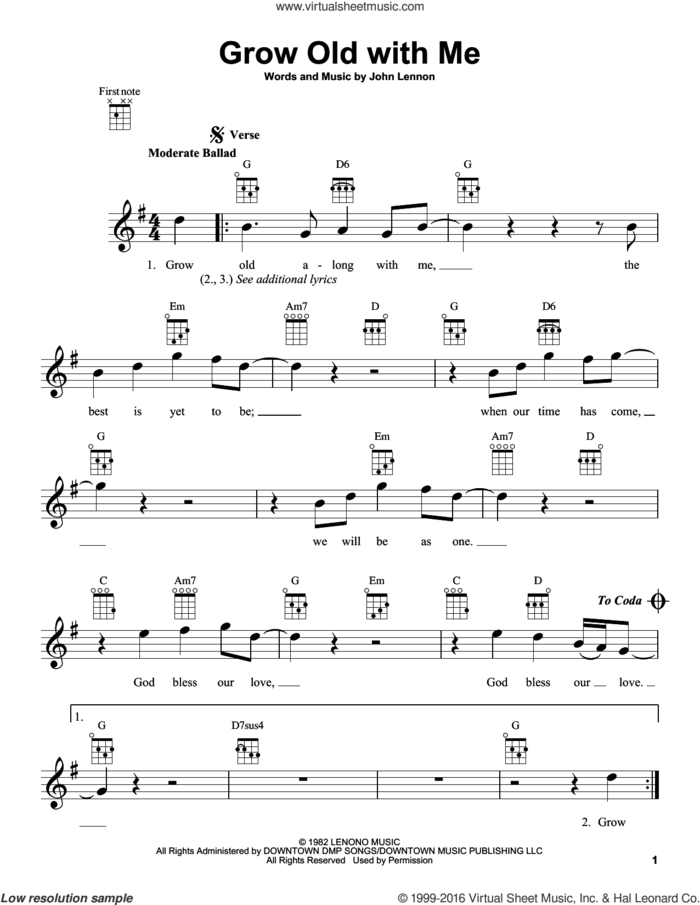 Grow Old With Me sheet music for ukulele by John Lennon and Mary Chapin Carpenter, intermediate skill level