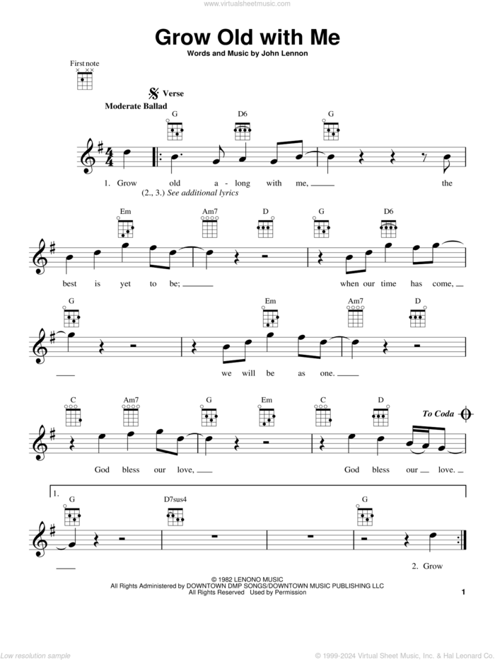 Grow Old With Me sheet music for ukulele by John Lennon and Mary Chapin Carpenter, wedding score, intermediate skill level