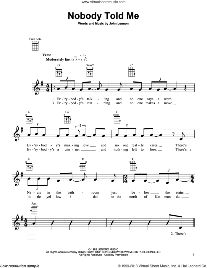 Nobody Told Me sheet music for ukulele by John Lennon, intermediate skill level