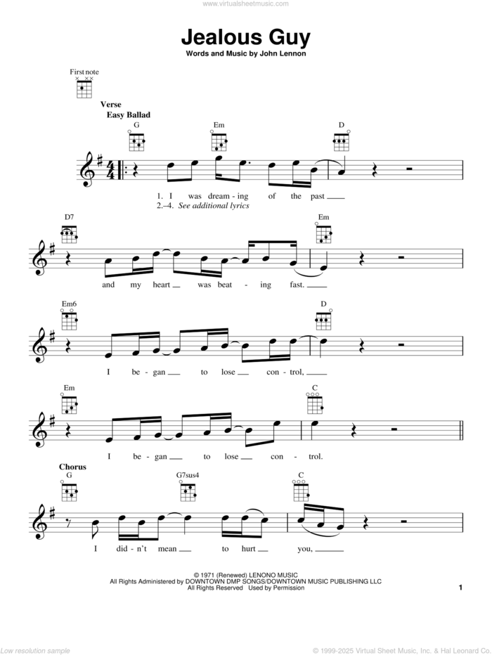 Jealous Guy sheet music for ukulele by John Lennon, intermediate skill level