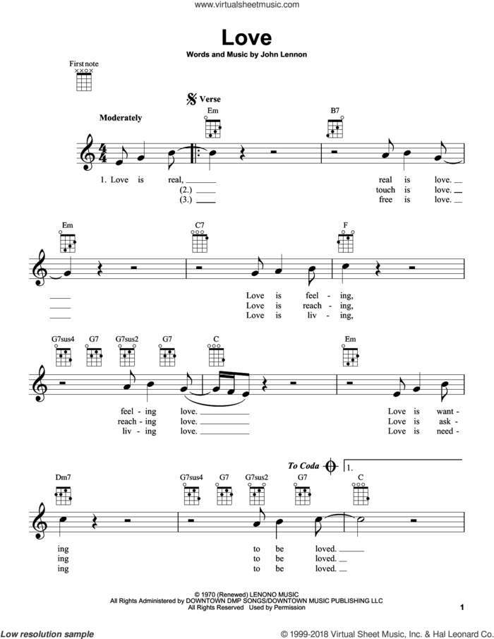 Love sheet music for ukulele by John Lennon, intermediate skill level