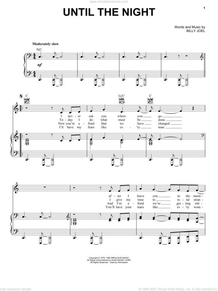 Until The Night sheet music for voice, piano or guitar by Billy Joel, intermediate skill level