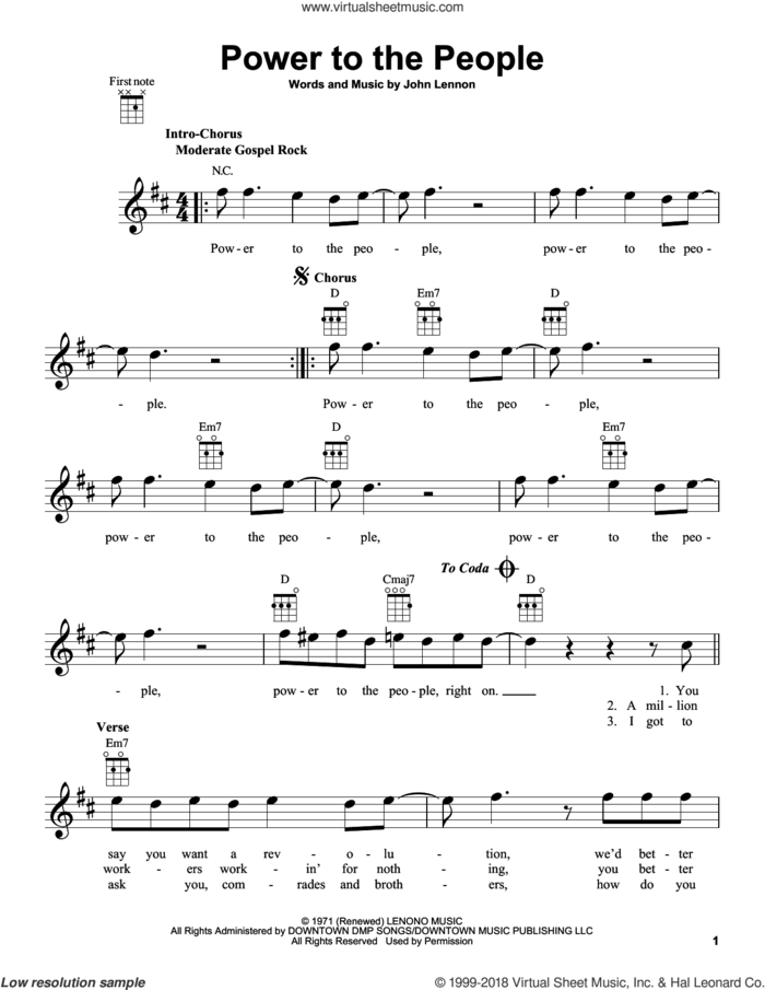 Power To The People sheet music for ukulele by John Lennon, John Lennon and Yoko Ono and with the Plastic Ono Band, intermediate skill level