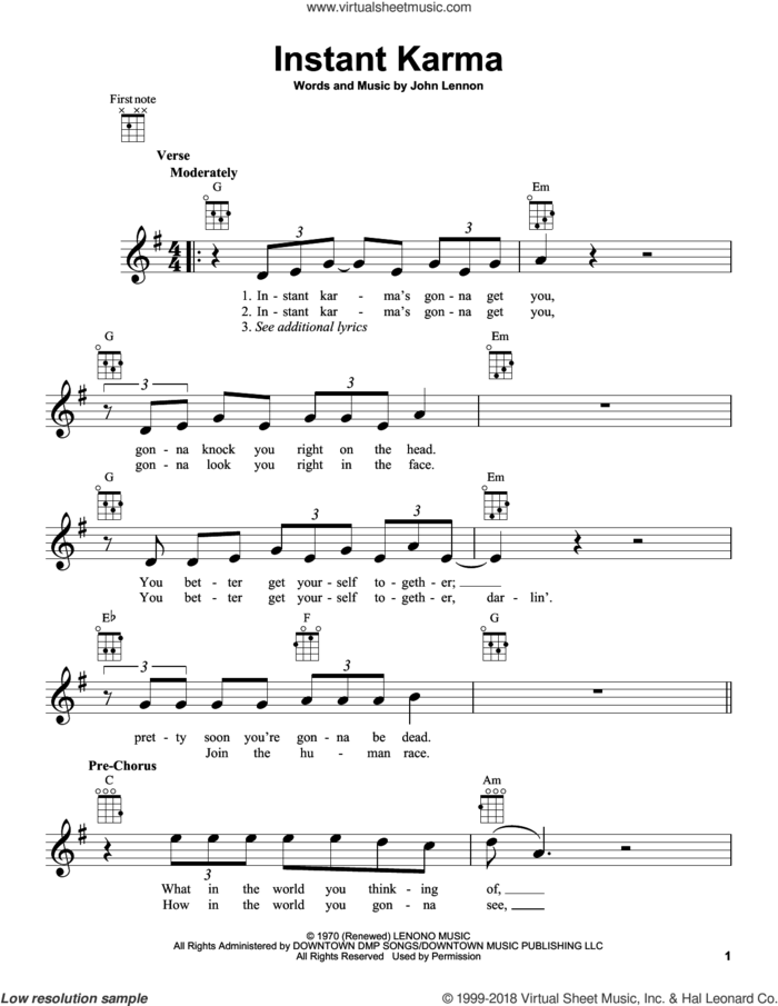 Instant Karma sheet music for ukulele by John Lennon, intermediate skill level