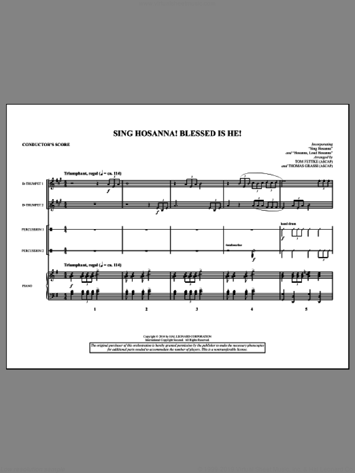 Sing Hosanna! Blessed Is He! (COMPLETE) sheet music for orchestra/band by Tom Fettke, Christian Gregor, Hymntune, Jeanette Threlfall and Thomas Grassi, intermediate skill level