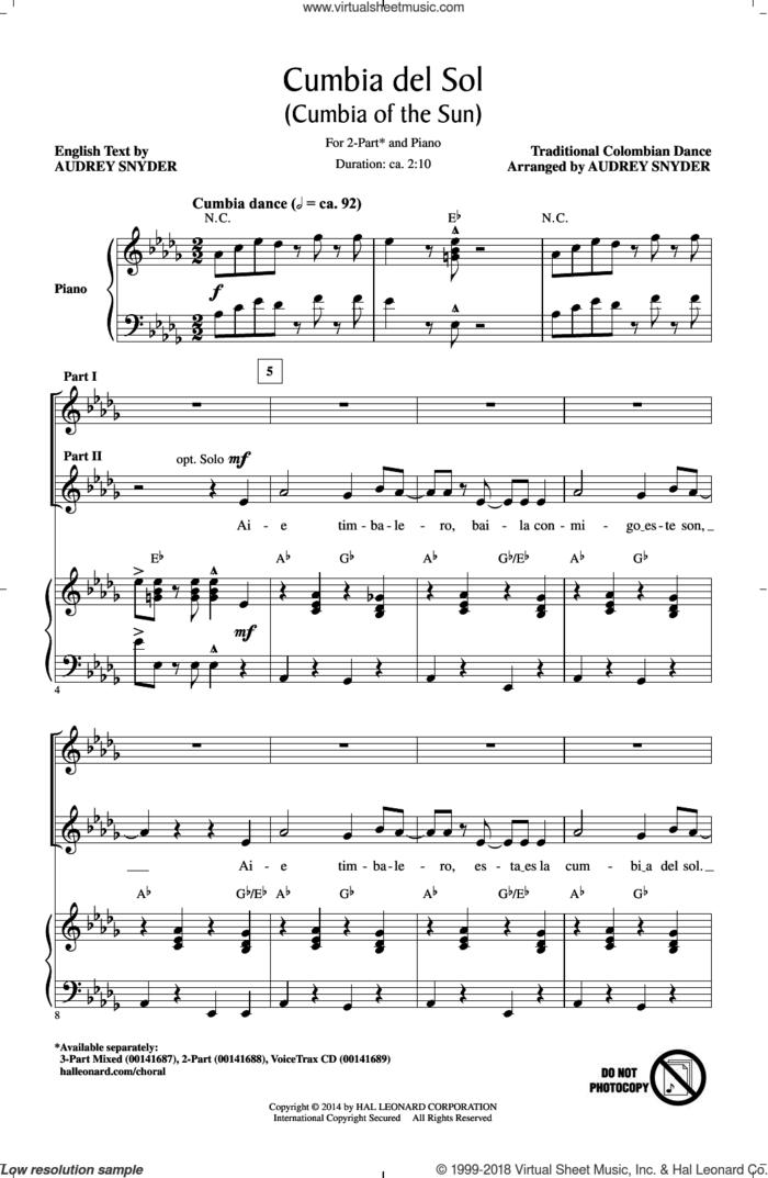 Cumbia Del Sol (Cumbia Of The Sun) sheet music for choir (2-Part) by Audrey Snyder, intermediate duet