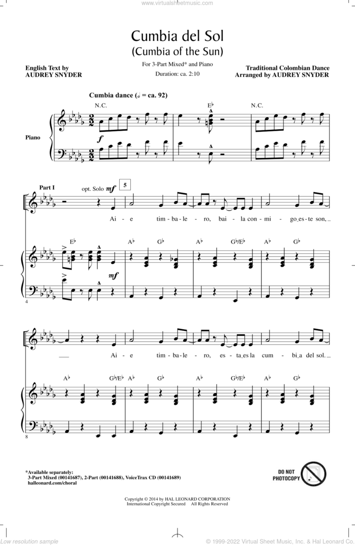 Cumbia Del Sol (Cumbia Of The Sun) sheet music for choir (3-Part Mixed) by Audrey Snyder, intermediate skill level