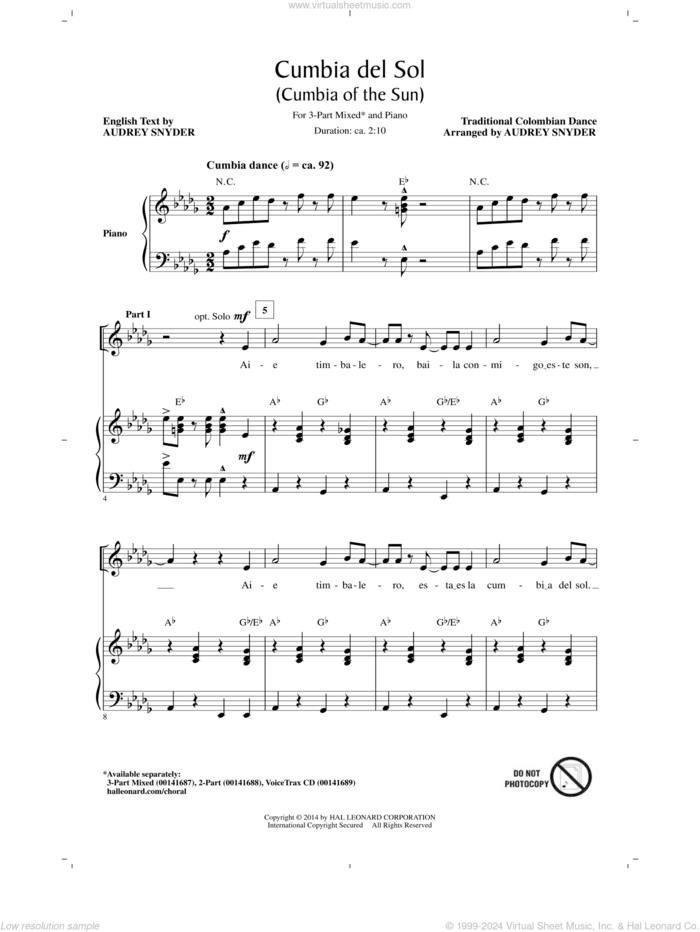 Cumbia Del Sol (Cumbia Of The Sun) sheet music for choir (3-Part Mixed) by Audrey Snyder, intermediate skill level