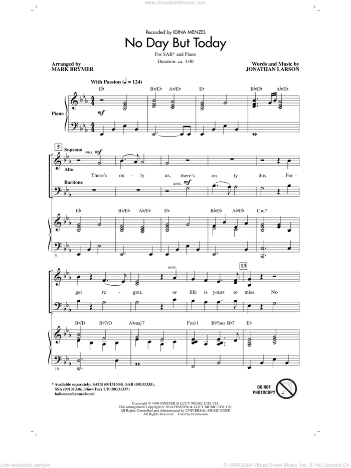 No Day But Today sheet music for choir (SAB: soprano, alto, bass) by Mark Brymer, Idina Menzel and Jonathan Larson, intermediate skill level