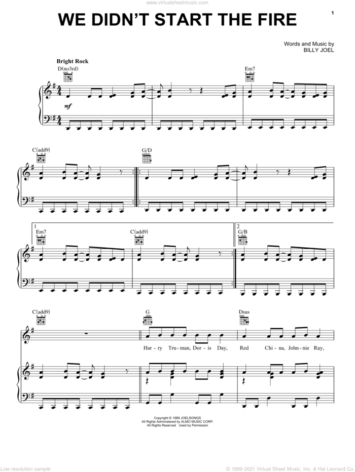 We Didn't Start The Fire sheet music for voice, piano or guitar by Billy Joel, intermediate skill level