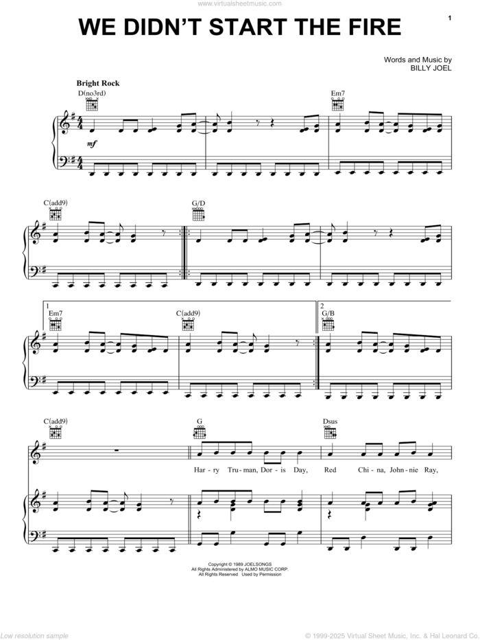 We Didn't Start The Fire sheet music for voice, piano or guitar by Billy Joel, intermediate skill level