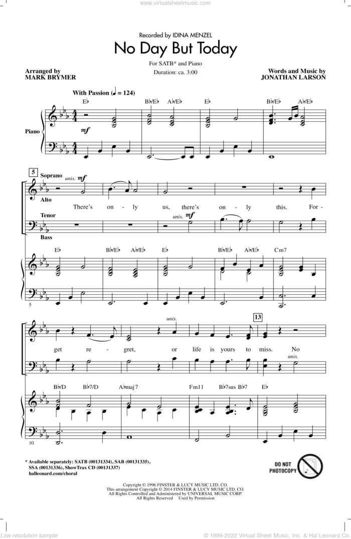 No Day But Today sheet music for choir (SATB: soprano, alto, tenor, bass) by Jonathan Larson, Mark Brymer and Idina Menzel, intermediate skill level