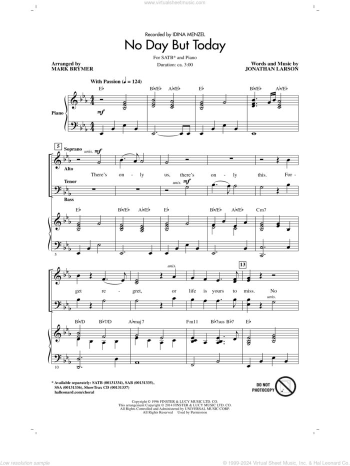 No Day But Today sheet music for choir (SATB: soprano, alto, tenor, bass) by Jonathan Larson, Mark Brymer and Idina Menzel, intermediate skill level