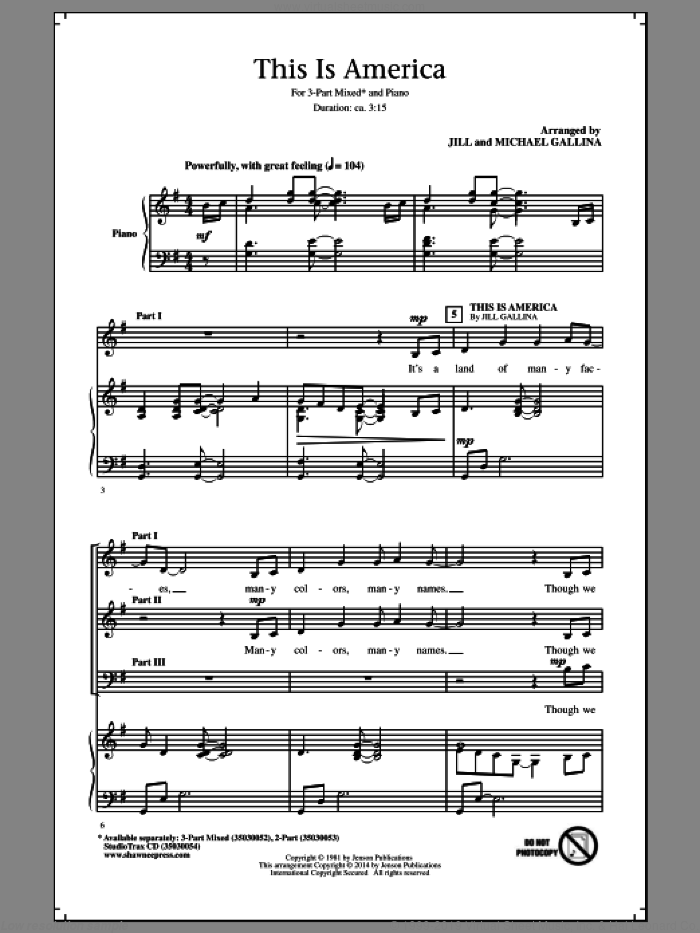 This Is America sheet music for choir (3-Part Mixed) by Samuel Augustus Ward, Jill and Michael Gallina and Katherine Lee Bates, intermediate skill level