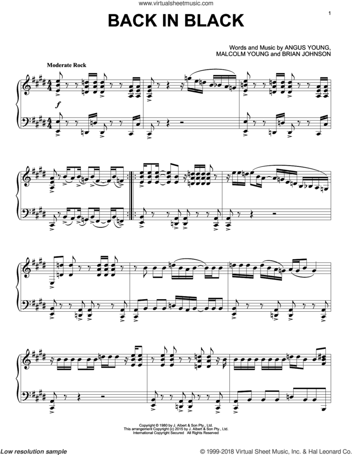 Back In Black, (intermediate) sheet music for piano solo by AC/DC, Angus Young, Brian Johnson and Malcolm Young, intermediate skill level