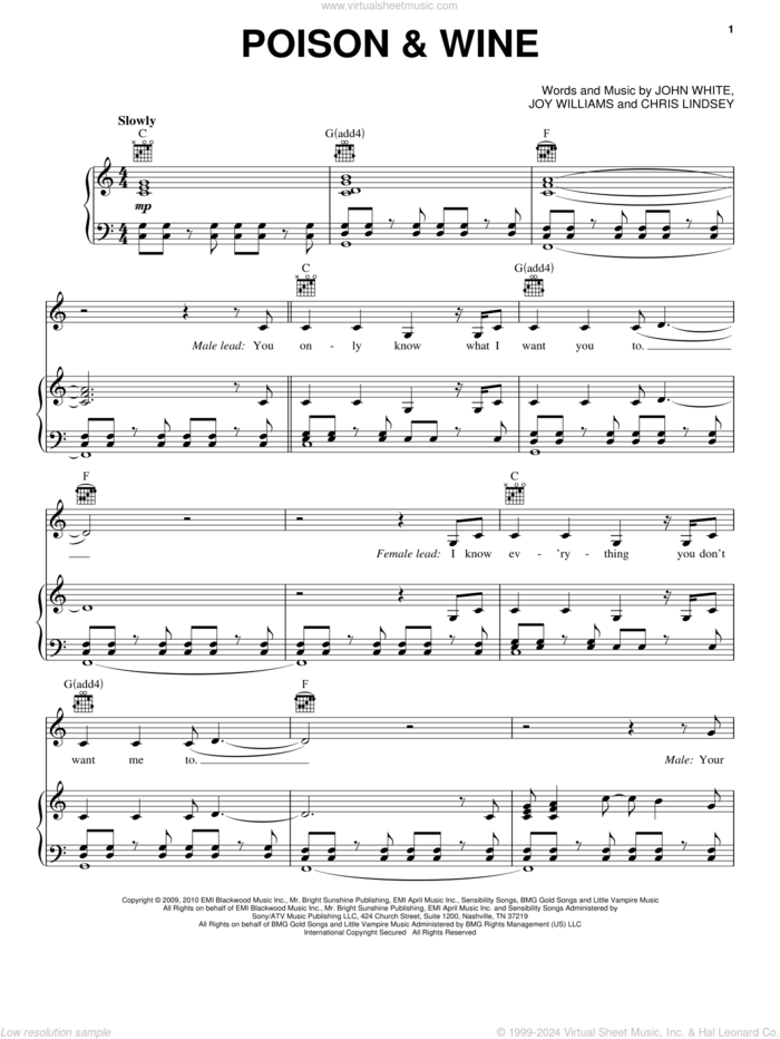 Poison and Wine sheet music for voice, piano or guitar by The Civil Wars, Chris Lindsey, John White and Joy Williams, intermediate skill level