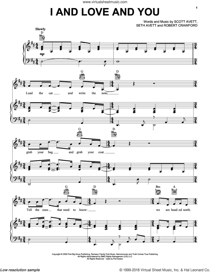 I And Love And You sheet music for voice, piano or guitar by The Avett Brothers, Robert Crawford, Scott Avett and Seth Avett, intermediate skill level