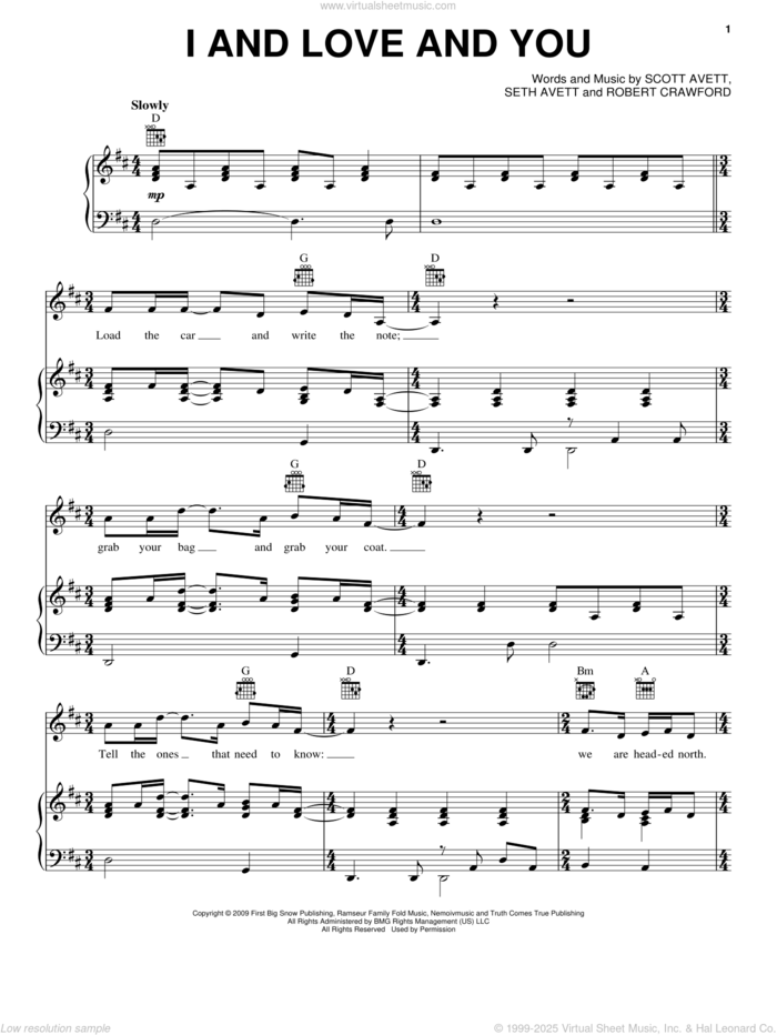 I And Love And You sheet music for voice, piano or guitar by The Avett Brothers, Robert Crawford, Scott Avett and Seth Avett, intermediate skill level