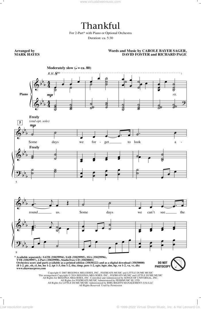 Thankful (arr. Mark Hayes) sheet music for choir (2-Part) by David Foster, Mark Hayes, Carole Bayer Sager, David Foster and Richard Page, Josh Groban, Carole Bayer Sager and Richard Page, intermediate duet