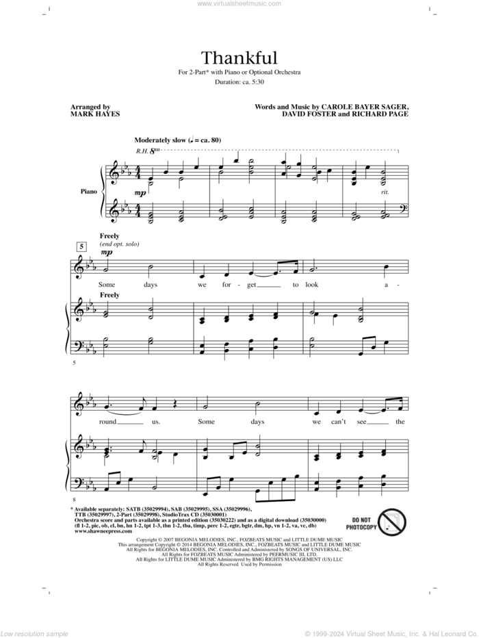 Thankful (arr. Mark Hayes) sheet music for choir (2-Part) by David Foster, Mark Hayes, Carole Bayer Sager, David Foster and Richard Page, Josh Groban, Carole Bayer Sager and Richard Page, intermediate duet