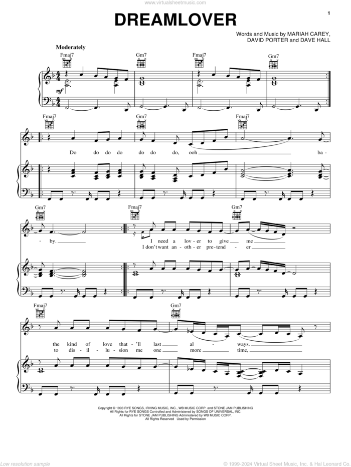 Dreamlover sheet music for voice, piano or guitar by Mariah Carey, Dave Hall and David Porter, intermediate skill level