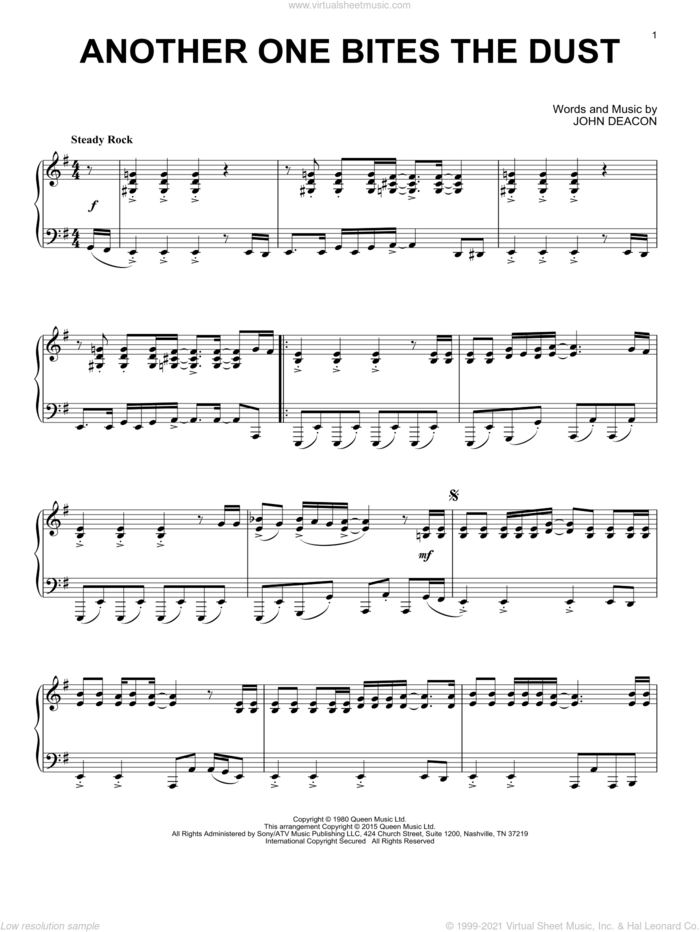 Another One Bites The Dust, (intermediate) sheet music for piano solo by Queen, Miscellaneous and John Deacon, intermediate skill level